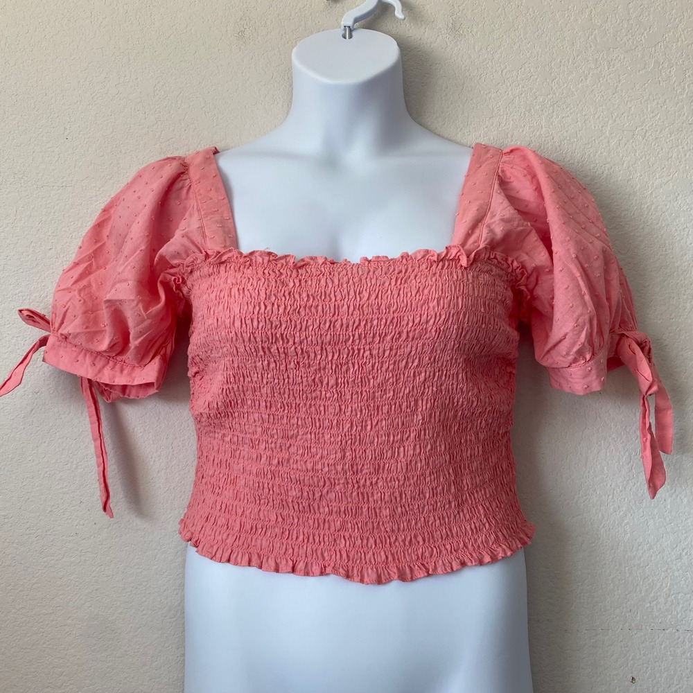 Lily Star Smocked Crop Top XL Pink Women Cottagecore Swiss Dot Puff Sleeve
